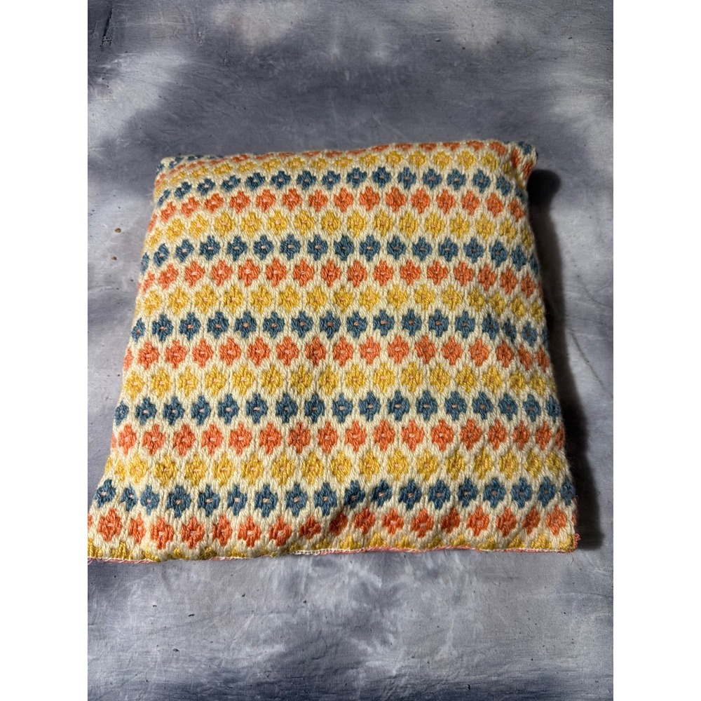 Vintage Handwoven Geometric Diamond Throw Pillow Boho Orange Yellow Blue Square